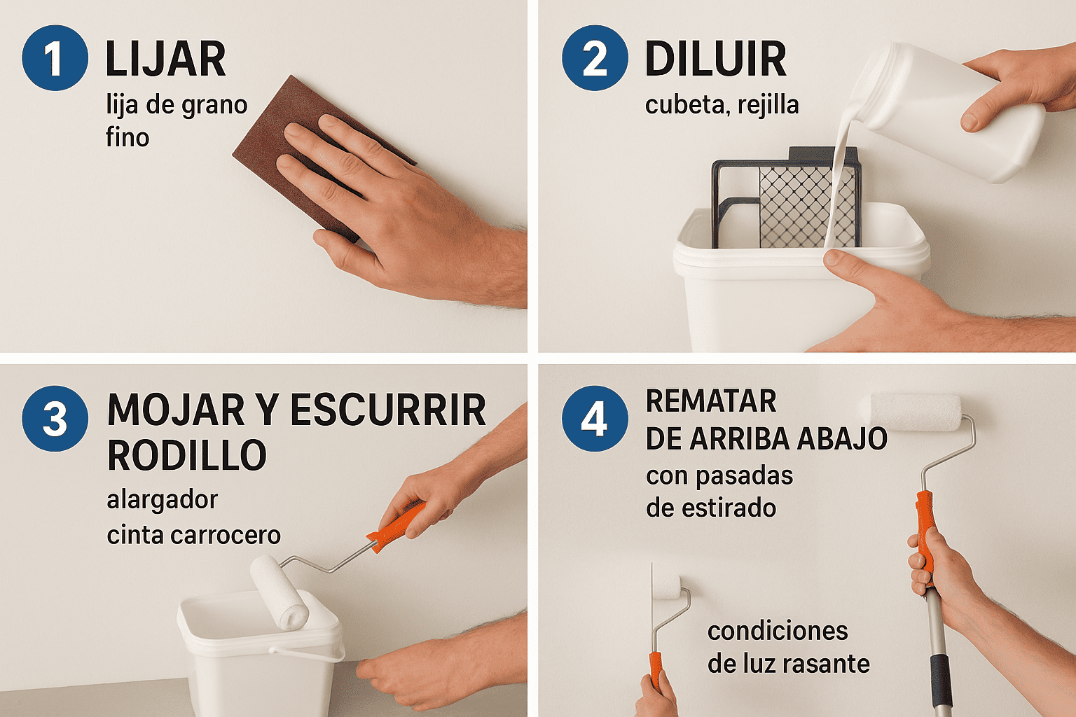 Infografía paso a paso para pintar paredes sin marcas: 1) lijar con lija fina; 2) diluir pintura en cubeta con rejilla; 3) mojar y escurrir el rodillo; 4) rematar de arriba abajo con pasadas de estirado bajo luz rasante.